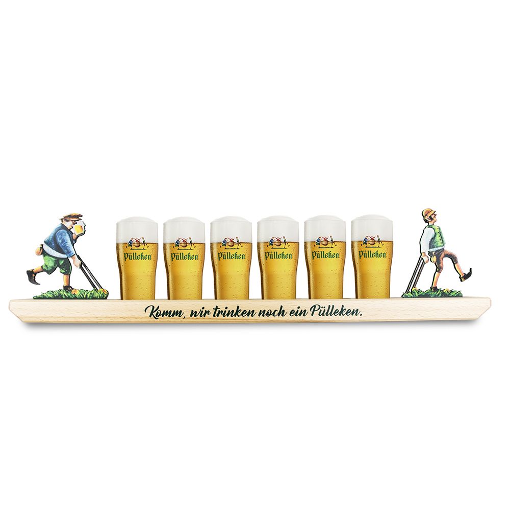 Pülleken Bierplanke mit sechs gefüllten Pülleken-Gläsern