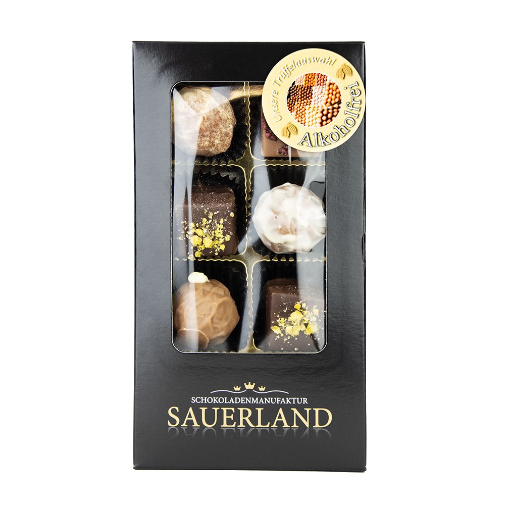 alkoholfreie Edelbrandmischung in der Verpackung von der Schokoladenmanufaktur Sauerland
