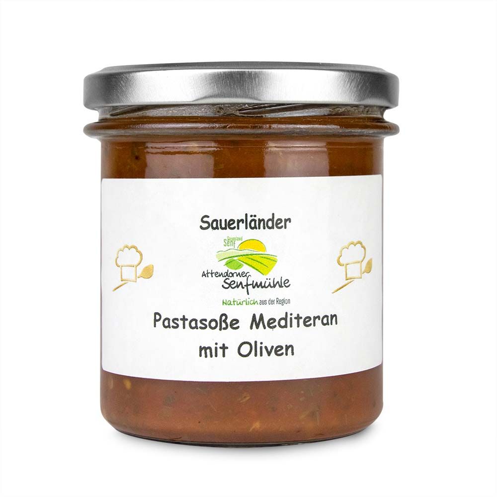 Pastasoße Mediterran mit Oliven von der Attendorner Senfmühle