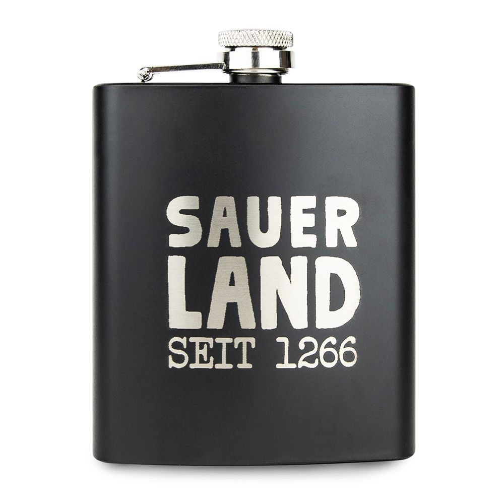 schwarzer Flachmann mit 1266 Sauerland Logo für 169,8 ml