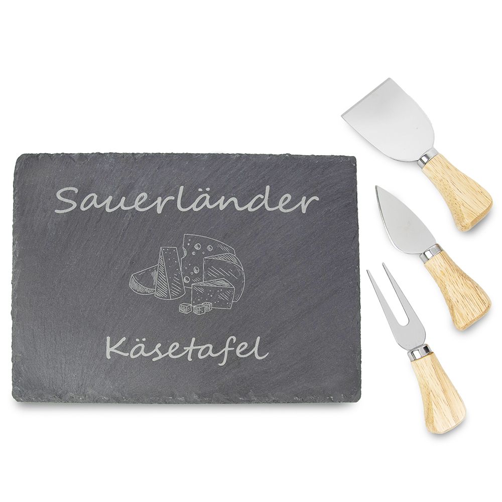 Sauerländer Käsetafel mit Schiefertafel und passendem Besteck